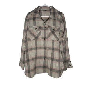 Steve Madden Plaid Button Front Shacket Women's Size Large Ivory & Tan NWOT